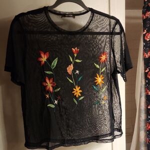 Zara Black Sheer Tee with Colorful Floral Design